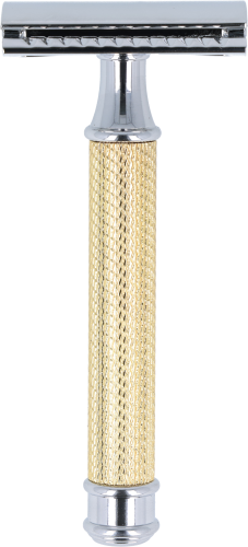 Damen-Rasierer Gold inkl. Ständer Traditioneller Damenrasierer Rasierhobel Gold ohne Hintergrund