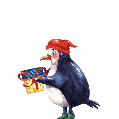 Pinguin mit Geschenk Pinguin mit Geschenk in der Hand und Mütze auf dem Kopf