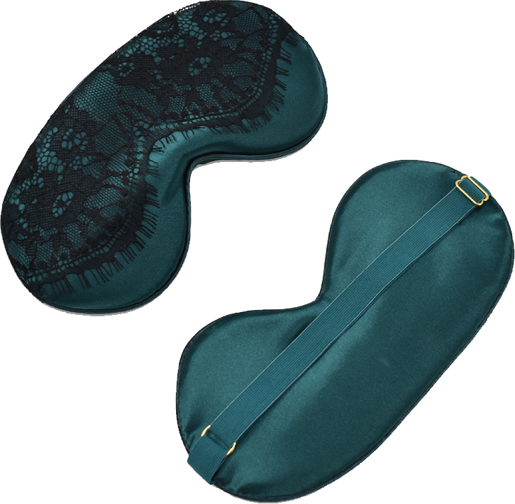 Schlafmaske mit Spitze Pfauengrün Satin-Schlafmaske Pfauengrün schwarze Spitze ohne Hintergrund
