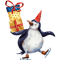 Pinguin auf Schlittschuhen Pinguin auf Schlittschuhen mit Geschenken in der Hand und Mütze auf dem Kopf